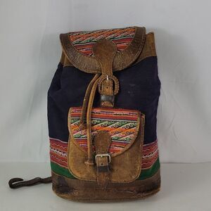 Vintage BHL Leather Ethnic Aztec Woven Wool Backpack
